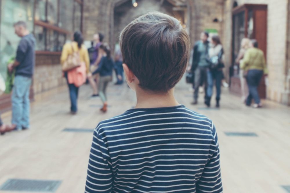 Back of a boy wearing a striped top in a museum