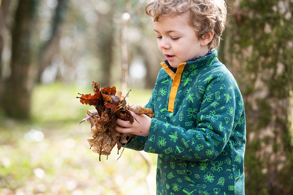Boy stood holding a pile of leaves