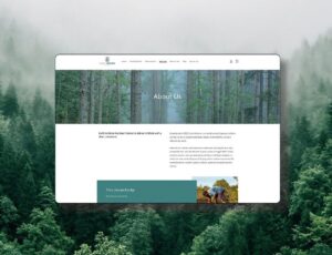 Homepage of the Earth Uniform website on a background of a forest with mist hanging above the trees