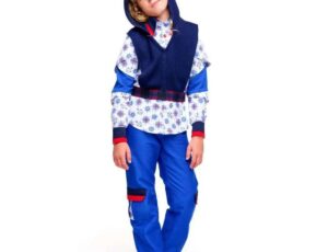 Boy stood on a white background wearing blue trousers and a hooded top by Kombinizona Kids