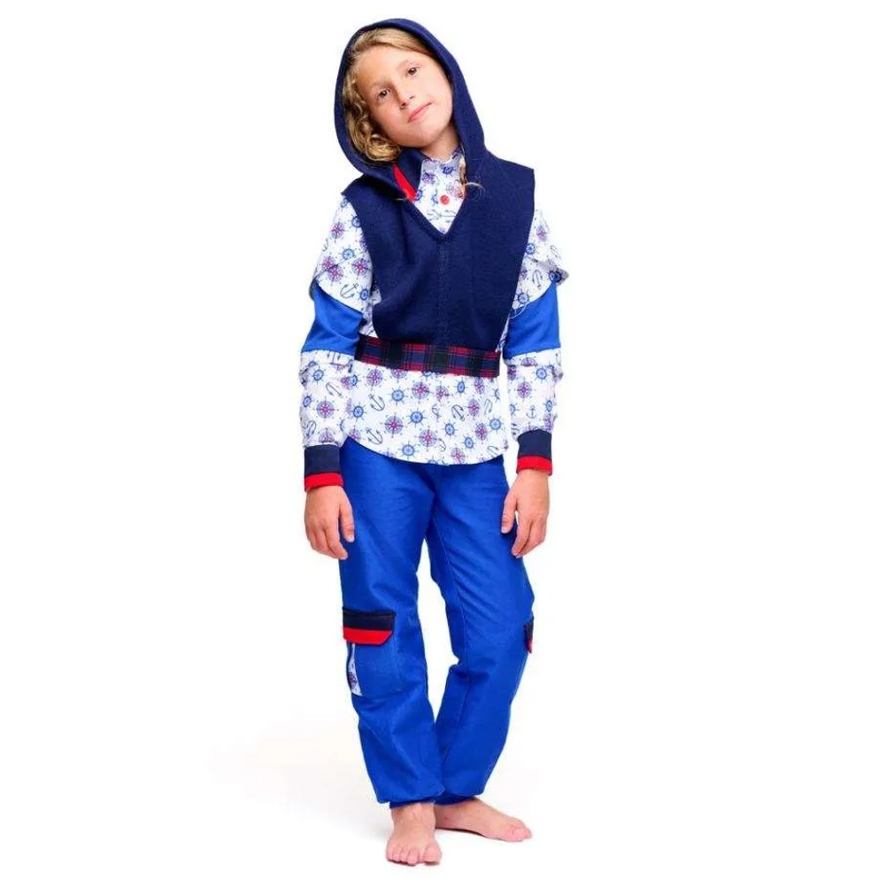 Boy stood on a white background wearing blue trousers and a hooded top by Kombinizona Kids