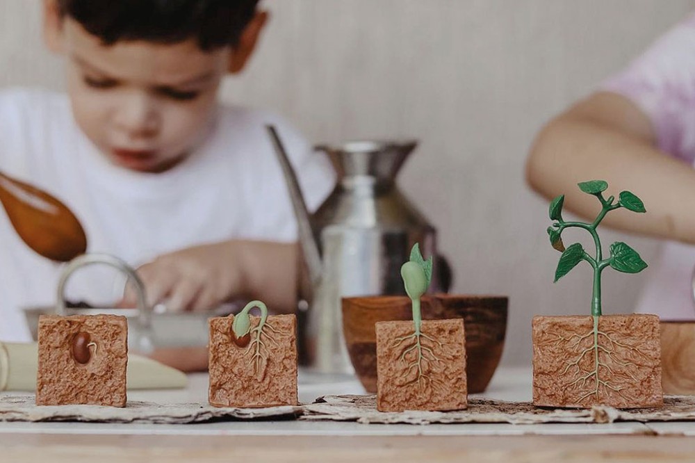 Two children at a table playing with growing plant toys as part of TrendBible's toy and game trends