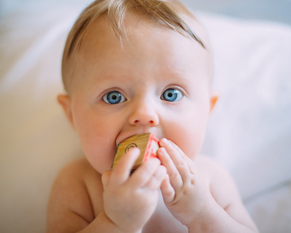 Baby holding a wooden toy up to his mouth