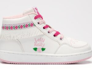 Side shot of a white and pink fringed Lelli Kelly child's trainer