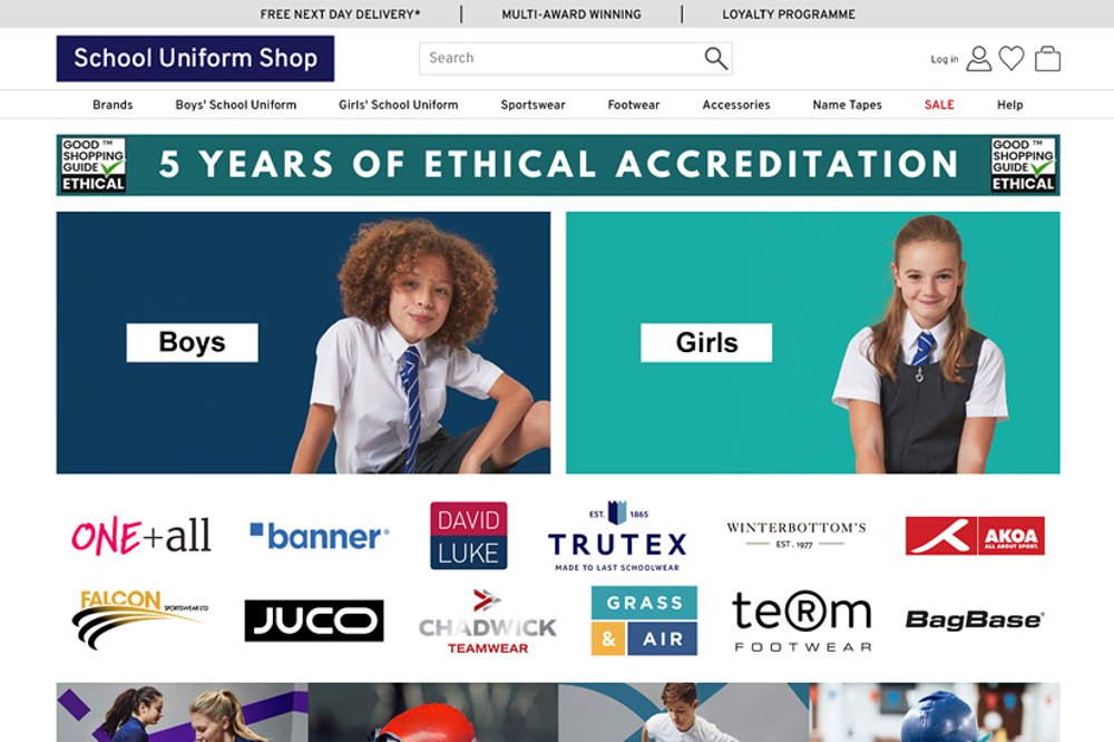 Homepage of the School Uniform Shop website