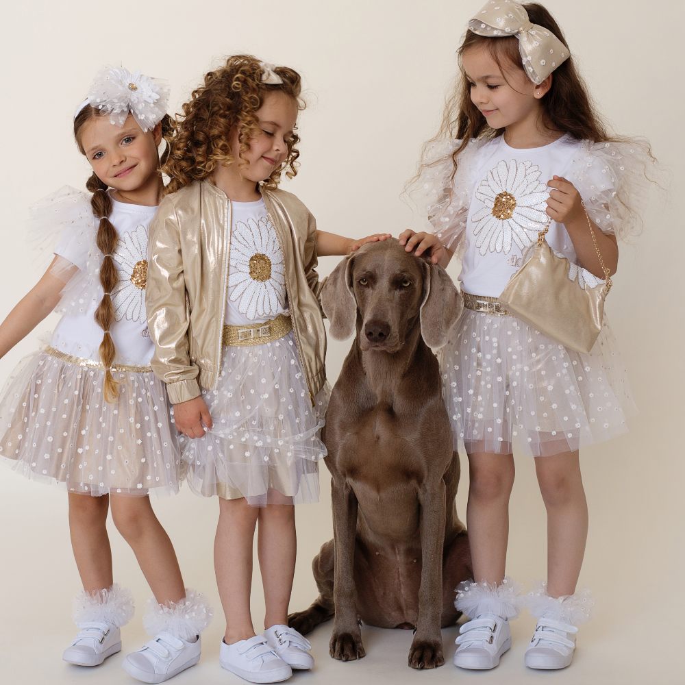 Four young girls stood around a large brown dog 