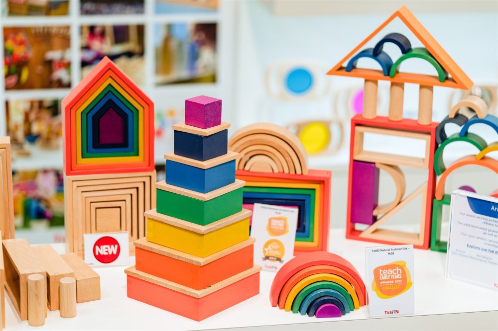 Display of colourful wooden toys 
