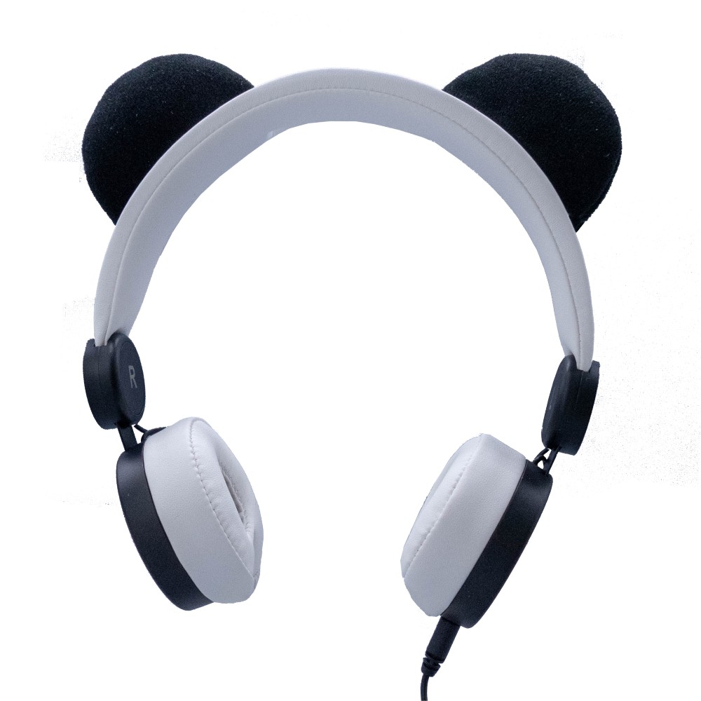 Children's white headphones with black panda ears on the top 
