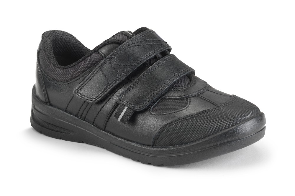 Children's single black school shoe with a double Velcro strap