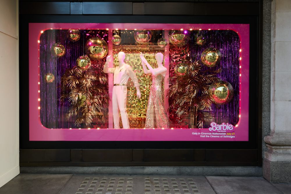Costumes from the Barbie movie in the window of Selfridges 
