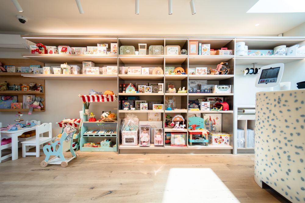 Baby toys and gifts on display in Blue Almonds boutique 