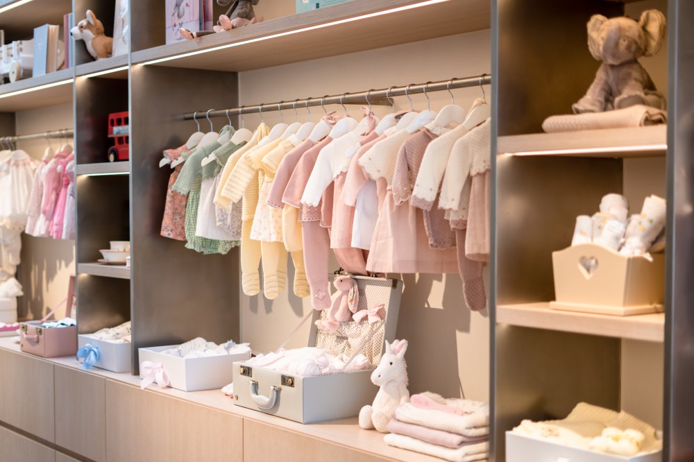 In-store display of babywear and nursery gifts in Blue Almonds