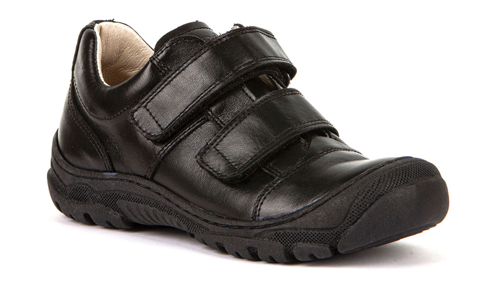 Pair of children's black school shoes with velcro straps by Froddo 