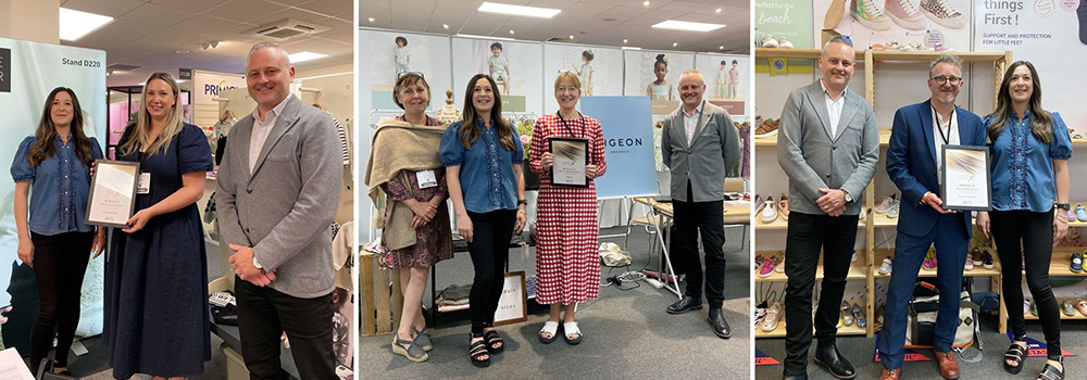 Three images of people stood on trade show stands holding award certificates 