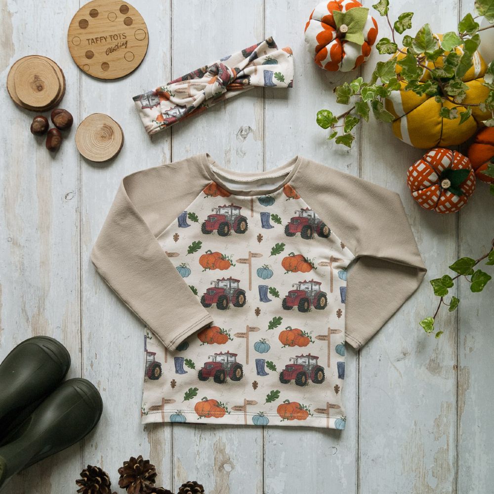 A tractor print children's top and headband 