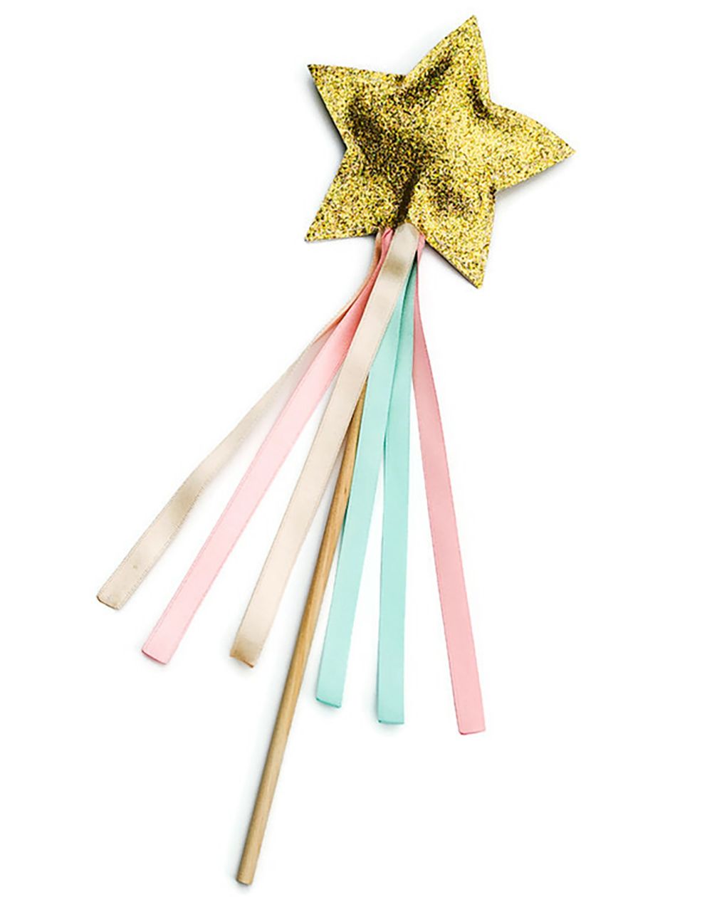 A children's wand with a gold star and coloured ribbons
