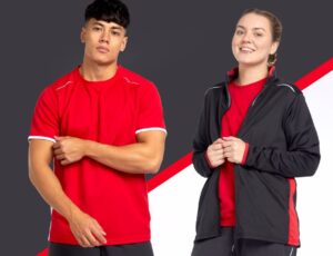 A boy and girl wearing black and red sportswear by Banner