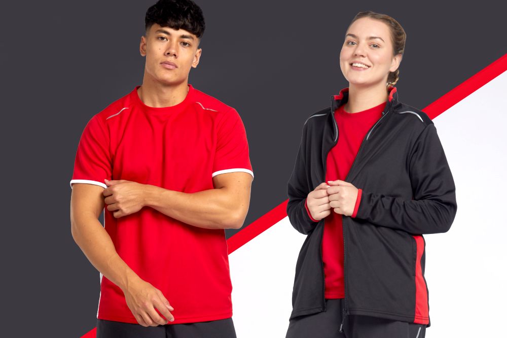 A boy and girl wearing black and red sportswear by Banner