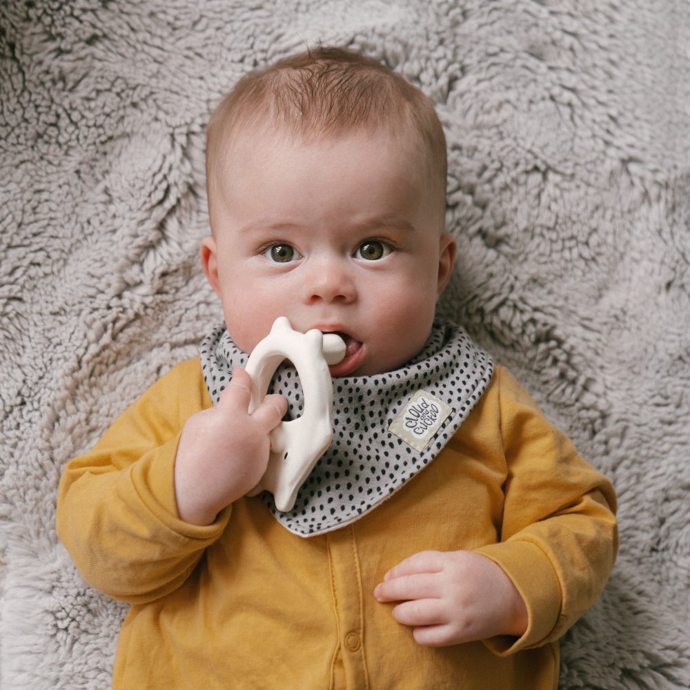 A baby lying down holding a teether toy in their mouth 