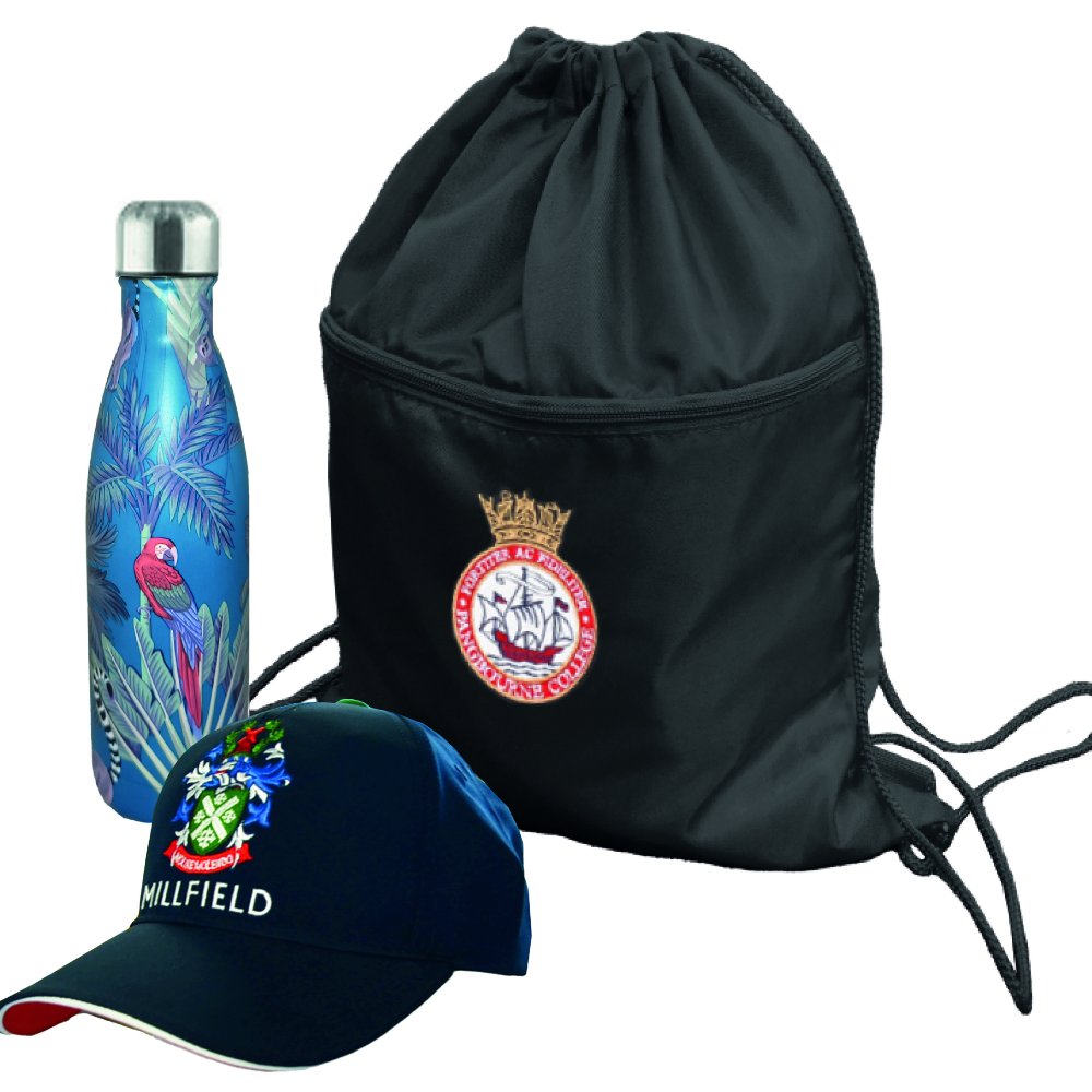 A school bag, cap and water bottle 