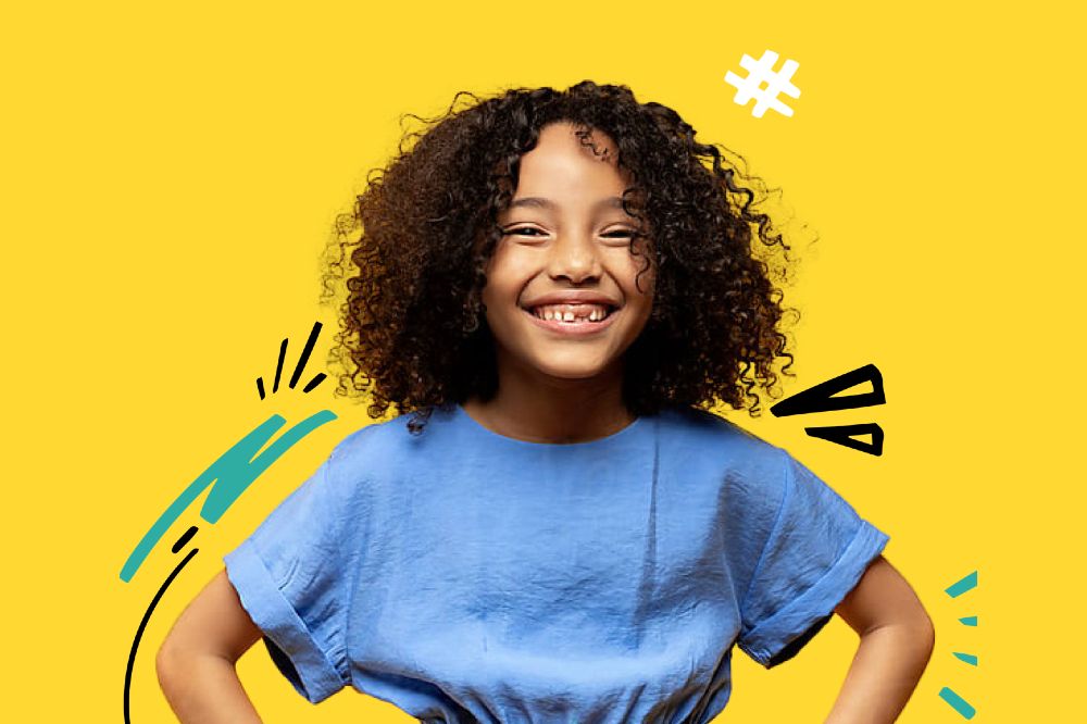 A Young girl stood against a yellow background wearing a blue top to promote the M&S x YoungMinds charity partnership to support young people's mental health