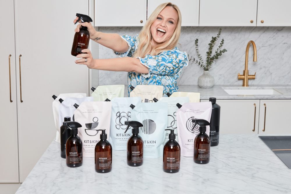Emma Bunton showing cleaning products from the Kit & Kin range 