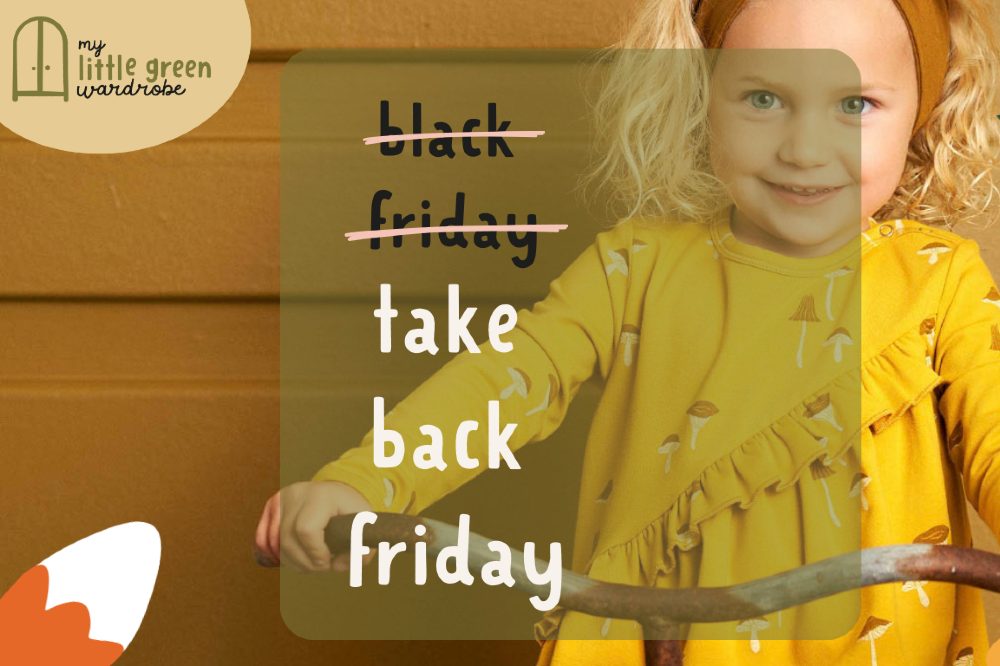 A young girl in a yellow dress promoting My Little Green Wardrobe's Take Back Friday initiative