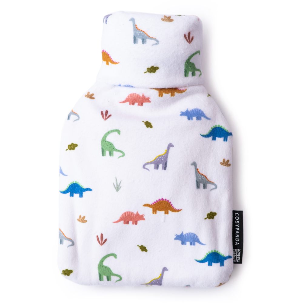 A children's hot water bottle with a dinosaur print cover 