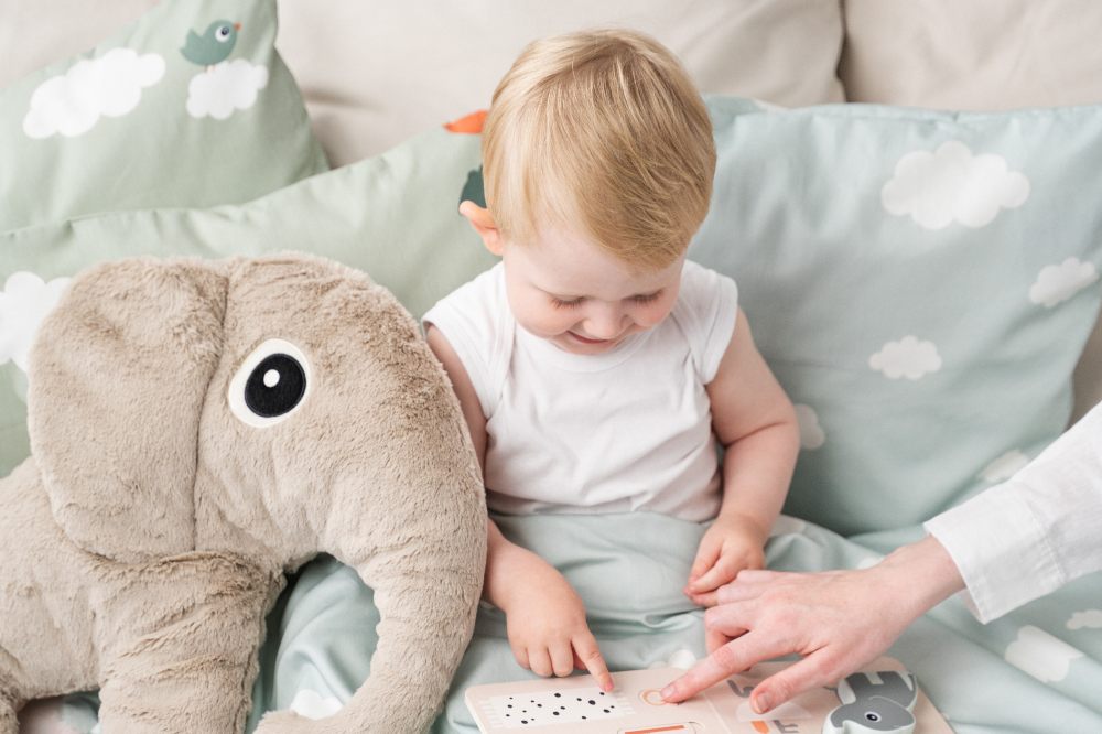 A young child sat in bed looking at a book beside a grey elephant soft toy 