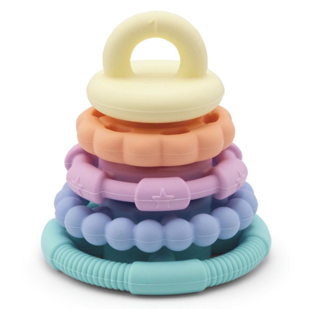 Pastel coloured stacker toy and teether rings 
