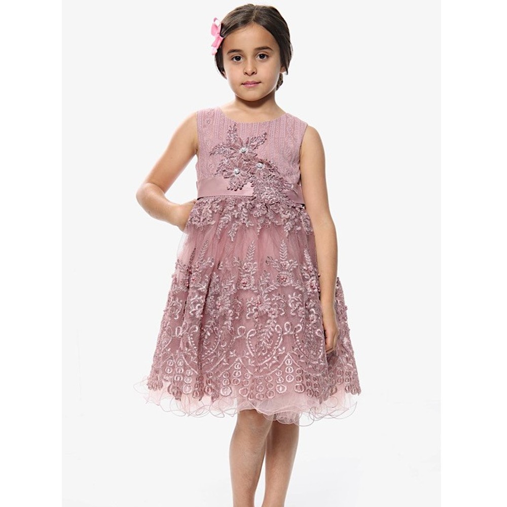 A young girl wearing a pink lace occasionwear dress 