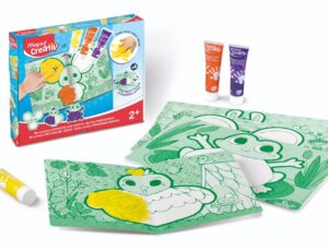 A children's colouring book, tubes of paint and a presentation box