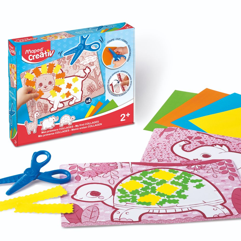 Children's colouring sheets, coloured paper and scissors