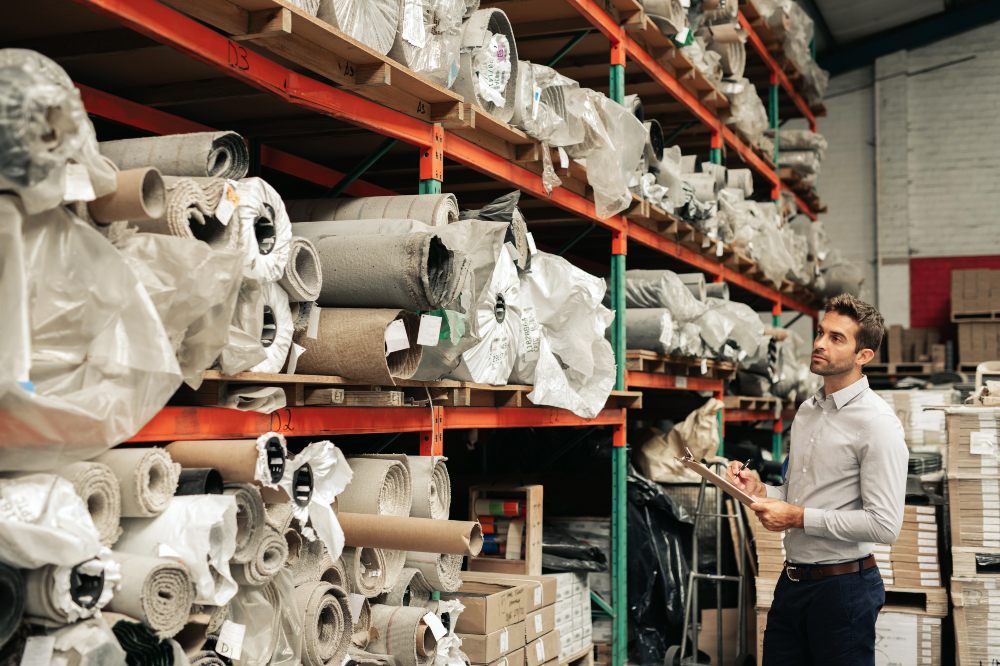 A man in a room full of fabric rolls on shelves