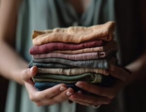 A person holding out a pile of different coloured folded fabric