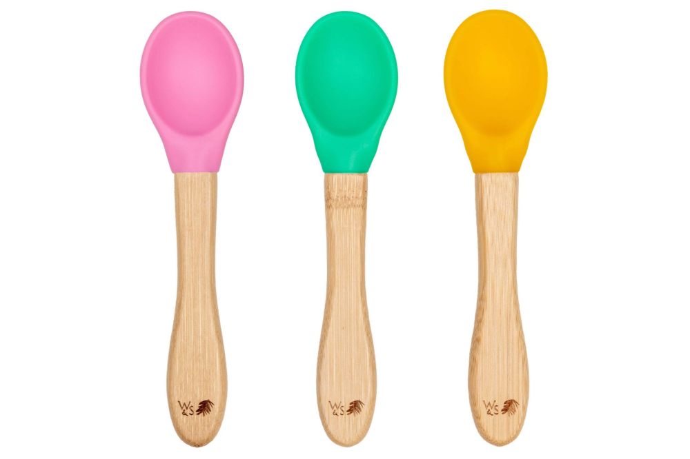 Three bamboo baby spoons with different coloured tips