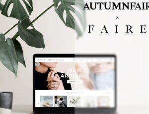 A laptop on a desk beside a plant with text saying Autumn Fair x Faire