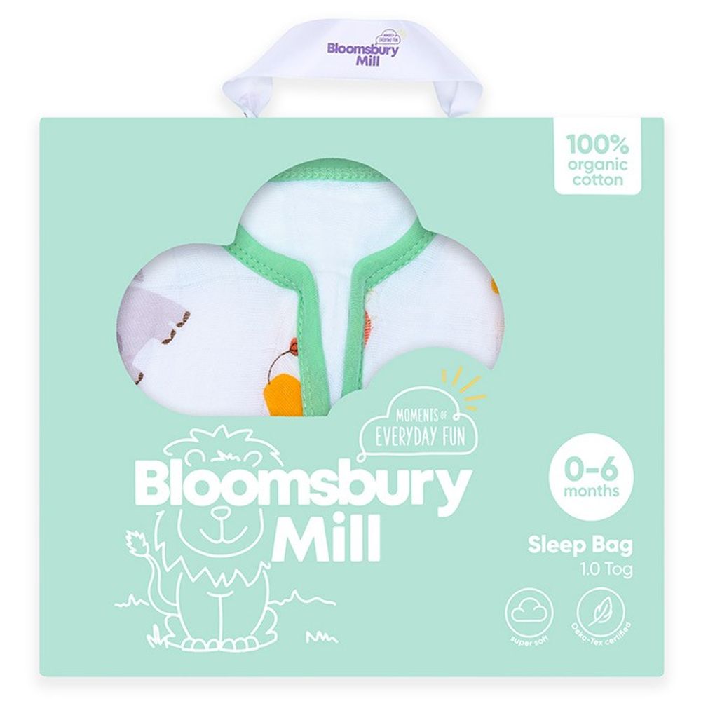 A baby sleep bag by Bloomsbury Mill in a blue presentation box 
