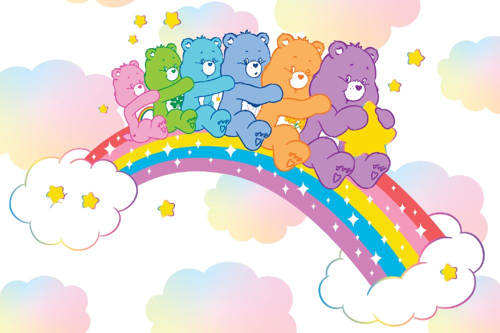 Illustration of the Care Bears on a rainbow