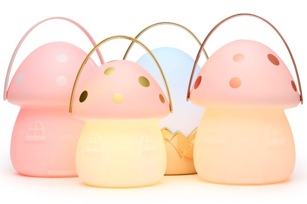 Four pastel coloured mushroom-shaped children's night lights 