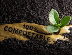 Plastic buried in soil with 100% compostable written on it