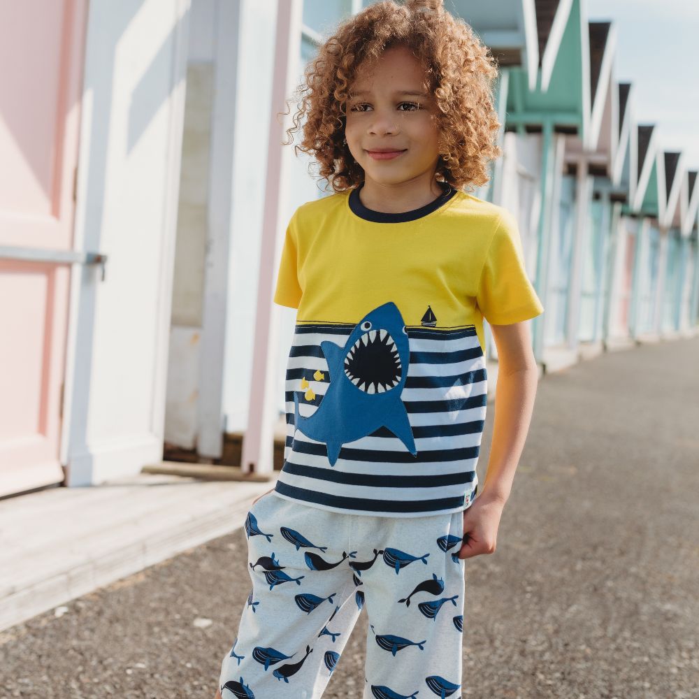 A boy stood in front of a beach hut wearing a T-shirt and shorts with sharks on them 