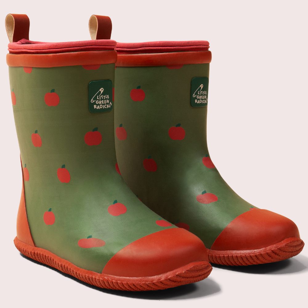 Children's green rubber boots with q red apple print 