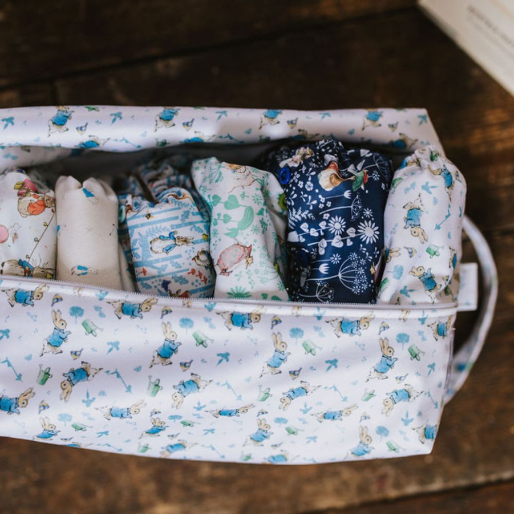 Peter Rabbit cloth nappies packed into a matching bag