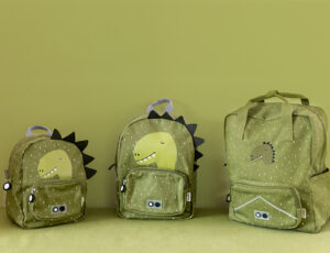 Three back to School backpacks in different sizes featuring Mr. Dino