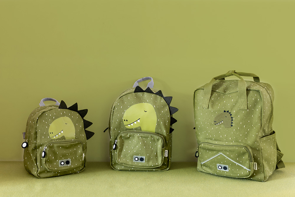 Three back to School backpacks in different sizes featuring Mr. Dino