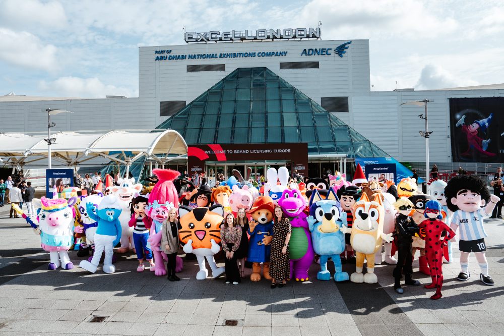 People dressed up in licensed character costumes outside the Brand Licensing Europe show venue