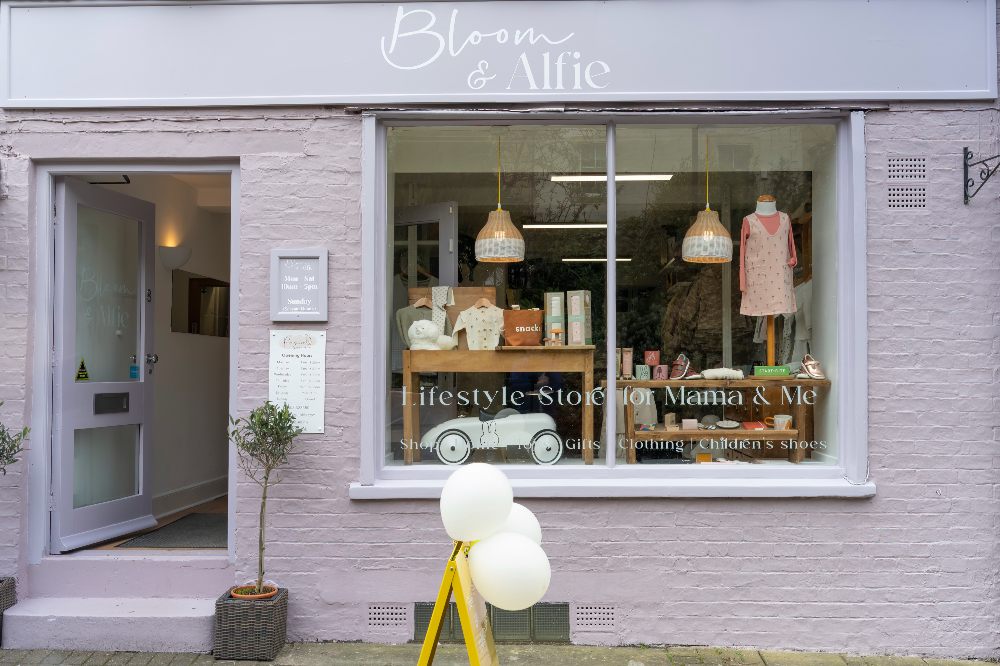 The lilac coloured store front of the Bloom & Alfie shop