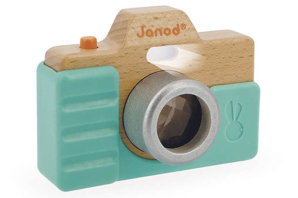 A child's blue toy wooden camera 