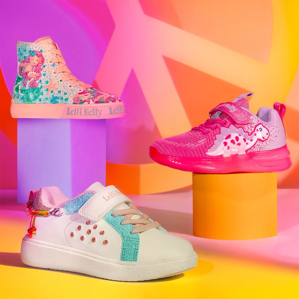 Three bright and sparkly girls' trainers displayed on a a colour background